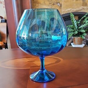 Vibrant Handblown Italian Peacock Blue Optic-Striped Brandy Snifter Vase